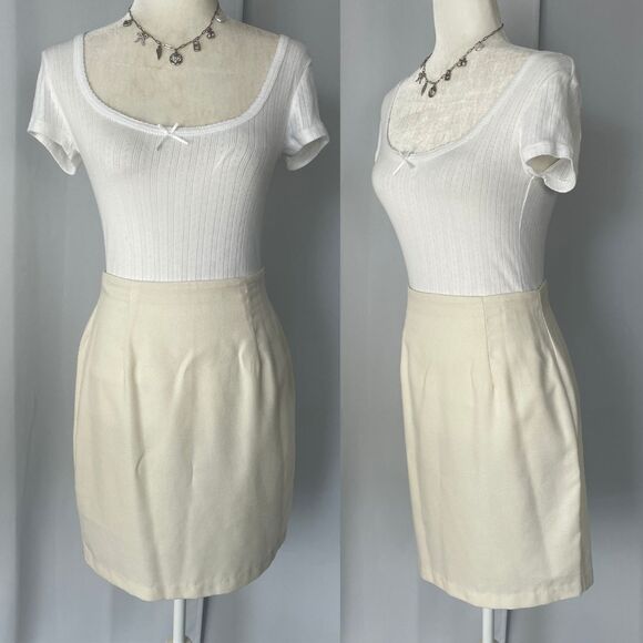 Vintage Mini Skirt Size 8 Cream Off White Solid Pencil Preppy Minimalist 80s 90s - Picture 15 of 15